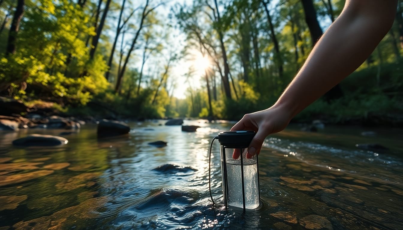 Essential Guide to Survival Water Sourcing and Purification Techniques 4 Person filtering water from a stream in a forest.