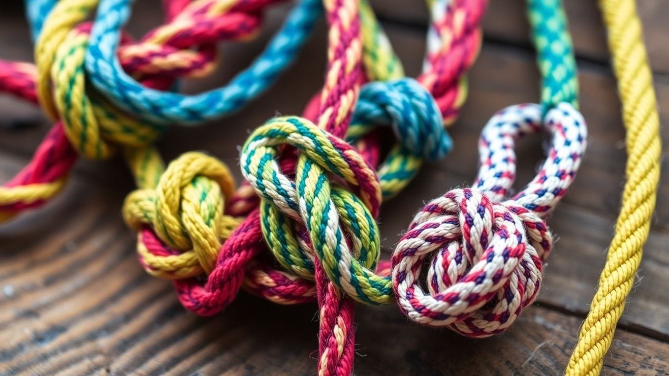 Mastering Knot Tying for Survival: Essential Techniques for Every Adventurer 5 Colorful knots tied in ropes on a wooden surface.