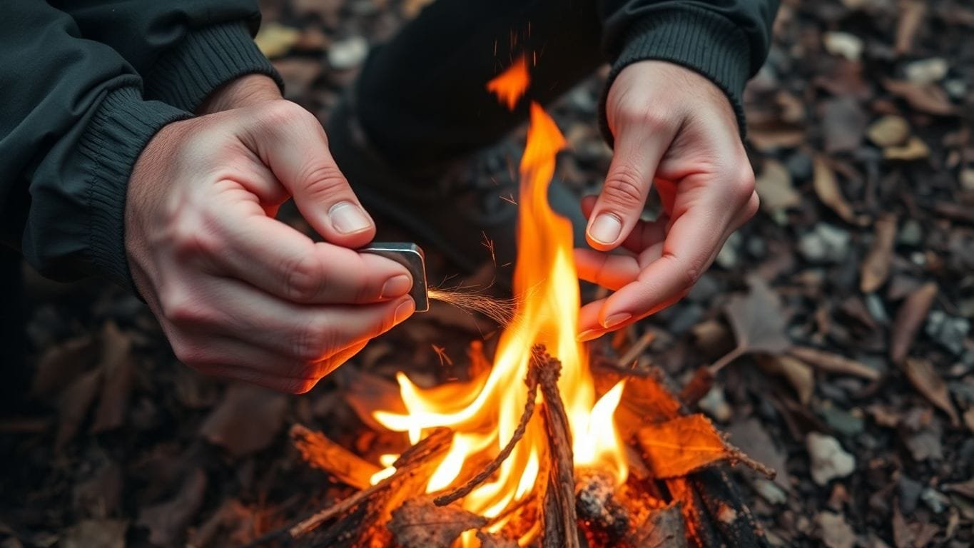 Essential Fire Starting Techniques for Outdoor Enthusiasts 6 Hands using flint and steel to start a fire.