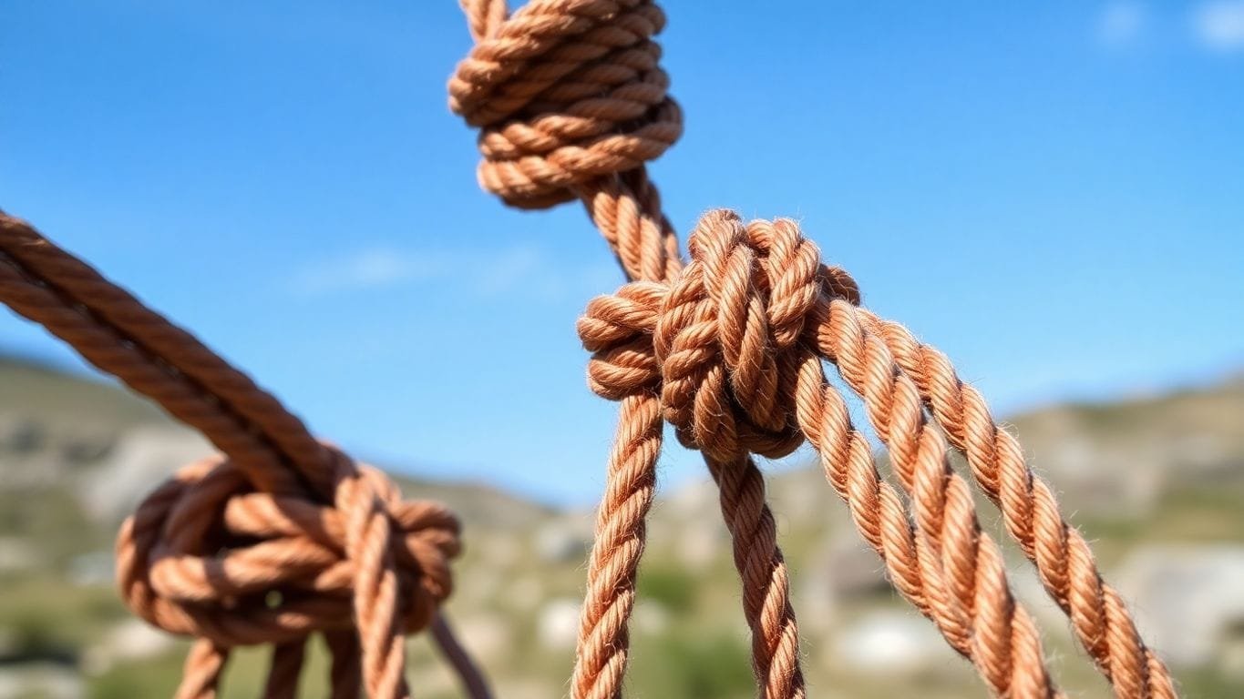 Mastering Knot Tying for Survival: Essential Techniques for Every Adventurer 2 Close-up of survival knots tied on ropes outdoors.