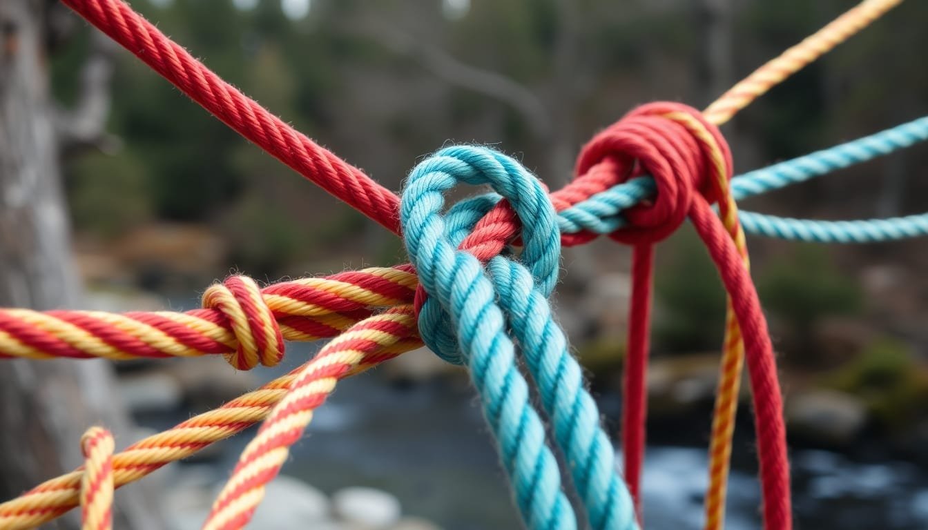 Mastering Knot Tying for Survival: Essential Techniques for Every Adventurer 6 Colorful ropes tied in essential knots for survival.