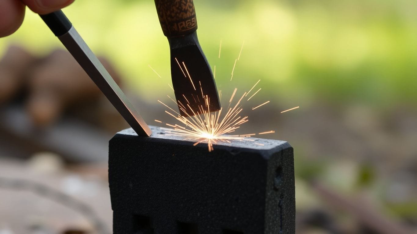 Essential Fire Starting Techniques for Outdoor Enthusiasts 3 Flint and steel igniting sparks in nature.