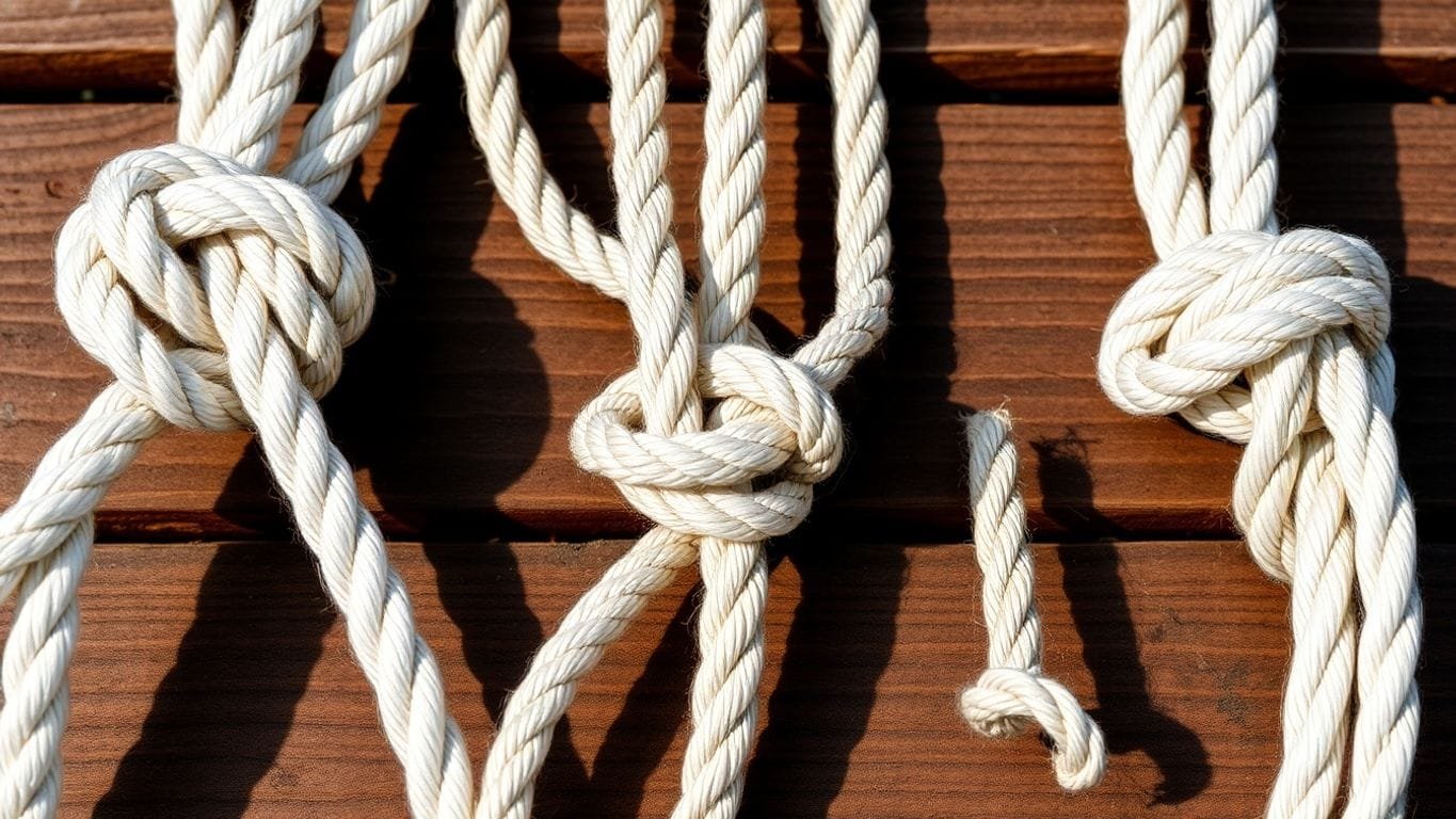 Mastering Knot Tying for Survival: Essential Techniques for Every Adventurer 7 Close-up of different knots tied in ropes.
