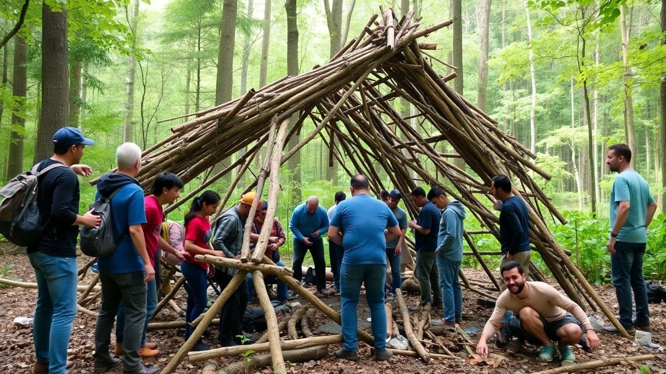 Shelter Building Basics: Essential Tips for Creating Safe and Comfortable Structures 7 People building a shelter in a forest setting.