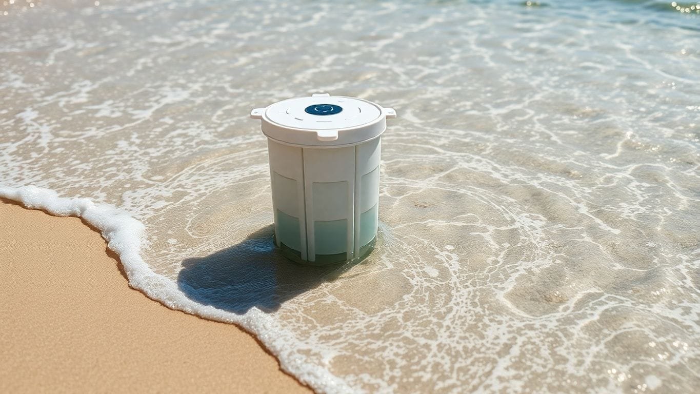 Essential Guide to Survival Water Sourcing and Purification Techniques 6 Portable desalination device on a beach with water.