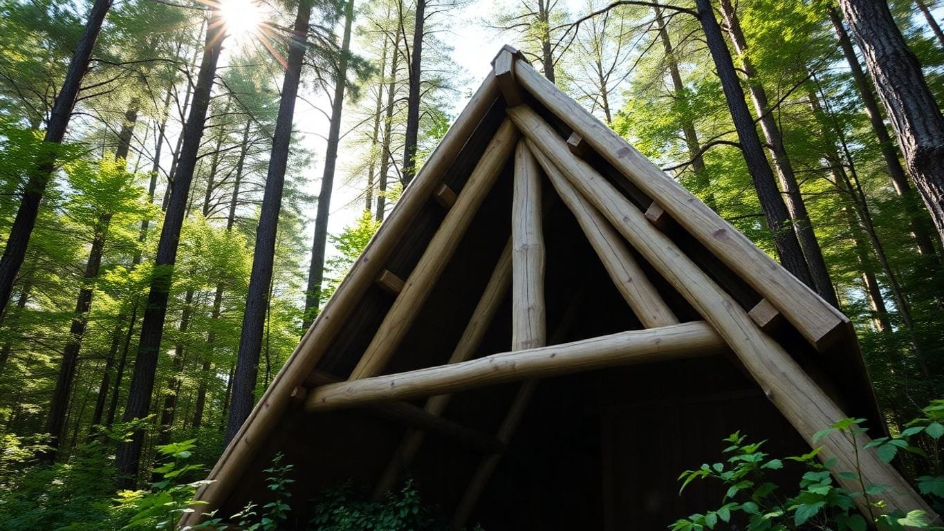 Shelter Building Basics: Essential Tips for Creating Safe and Comfortable Structures 4 A-frame shelter in a forest setting.