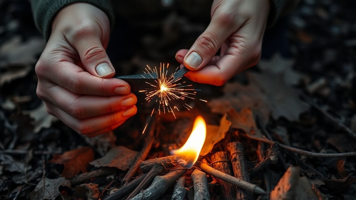 Essential Fire Starting Techniques for Outdoor Enthusiasts 5 Hands striking flint and steel to start a fire.