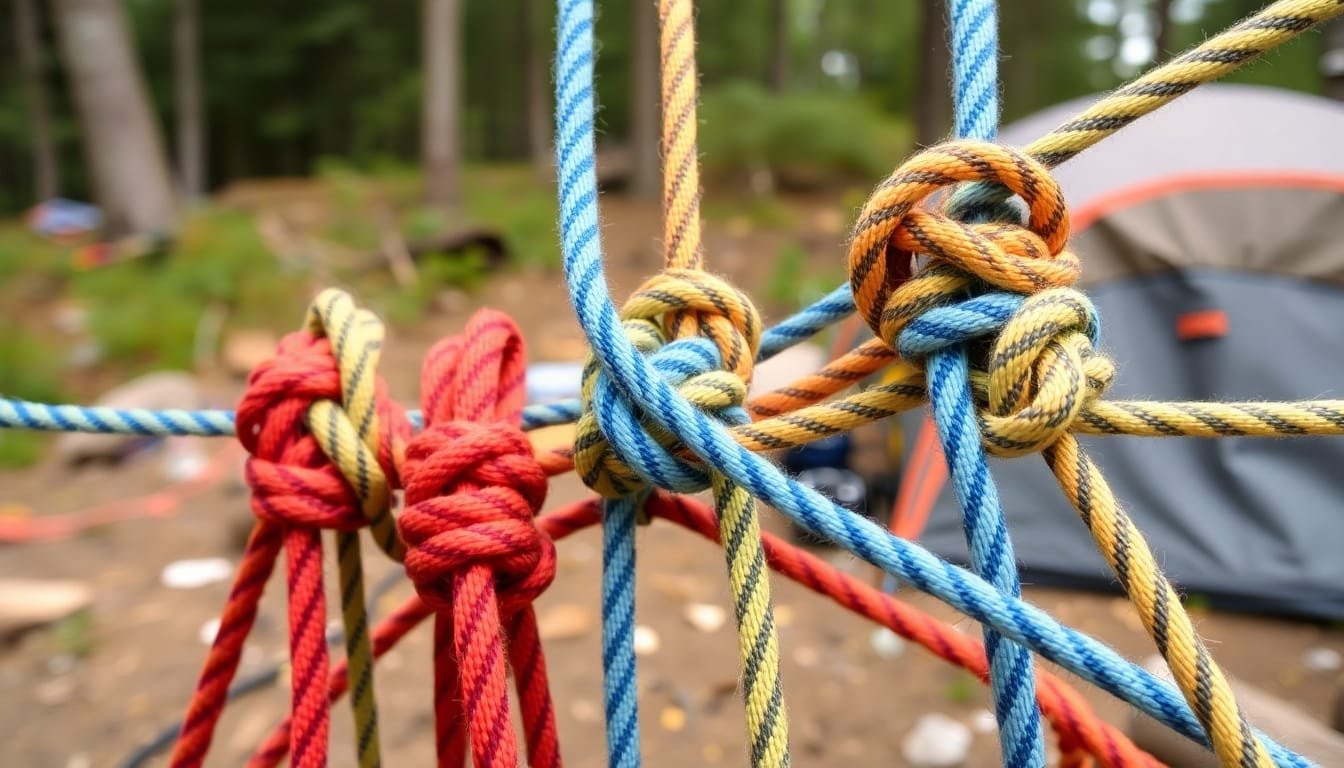 Mastering Knot Tying for Survival: Essential Techniques for Every Adventurer 4 Colorful knots tied in ropes for outdoor survival.