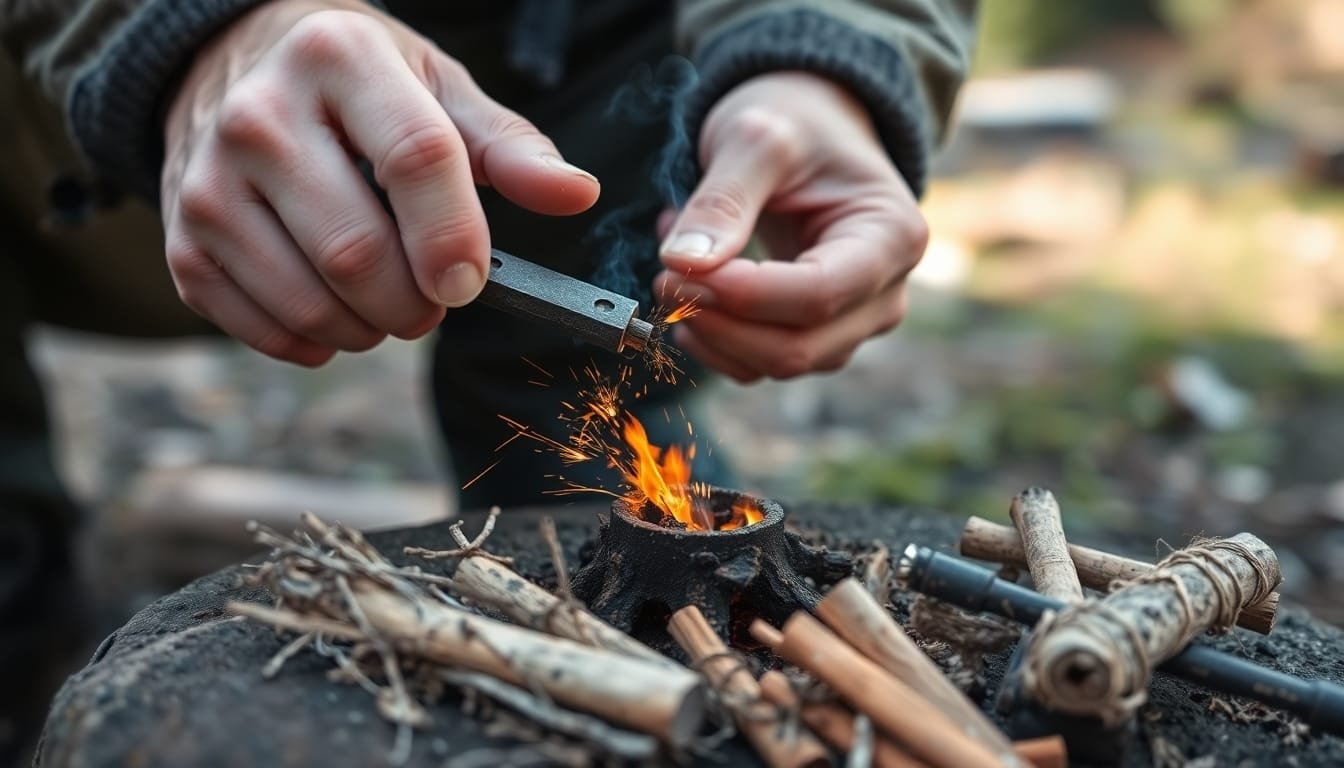 Essential Fire Starting Techniques for Outdoor Enthusiasts 2 Hands striking flint and steel to start a fire.