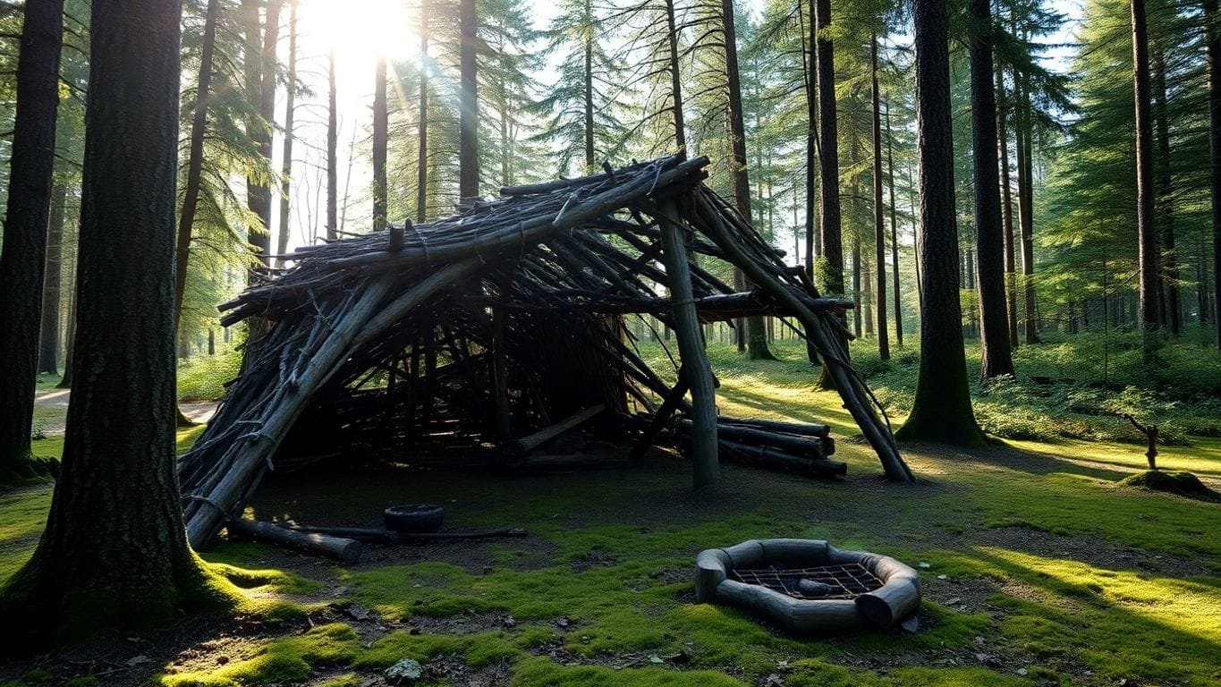 Mastering the Art of Building a Wilderness Shelter 2 Wilderness shelter in a forest with natural materials.