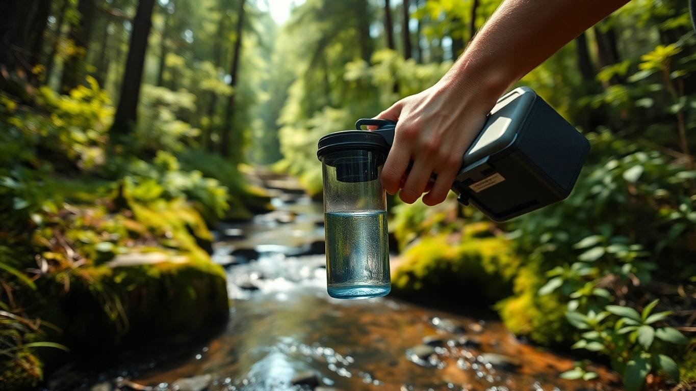 Mastering Wilderness Water Sourcing: Essential Techniques for Survival in the Great Outdoors 3 Hiker filtering water from a stream in the forest.