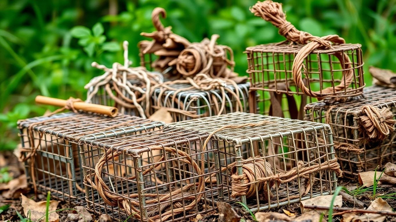 Mastering Animal Trapping Techniques: Essential Skills for Every Wildlife Enthusiast 2 Various animal traps in a natural outdoor setting.
