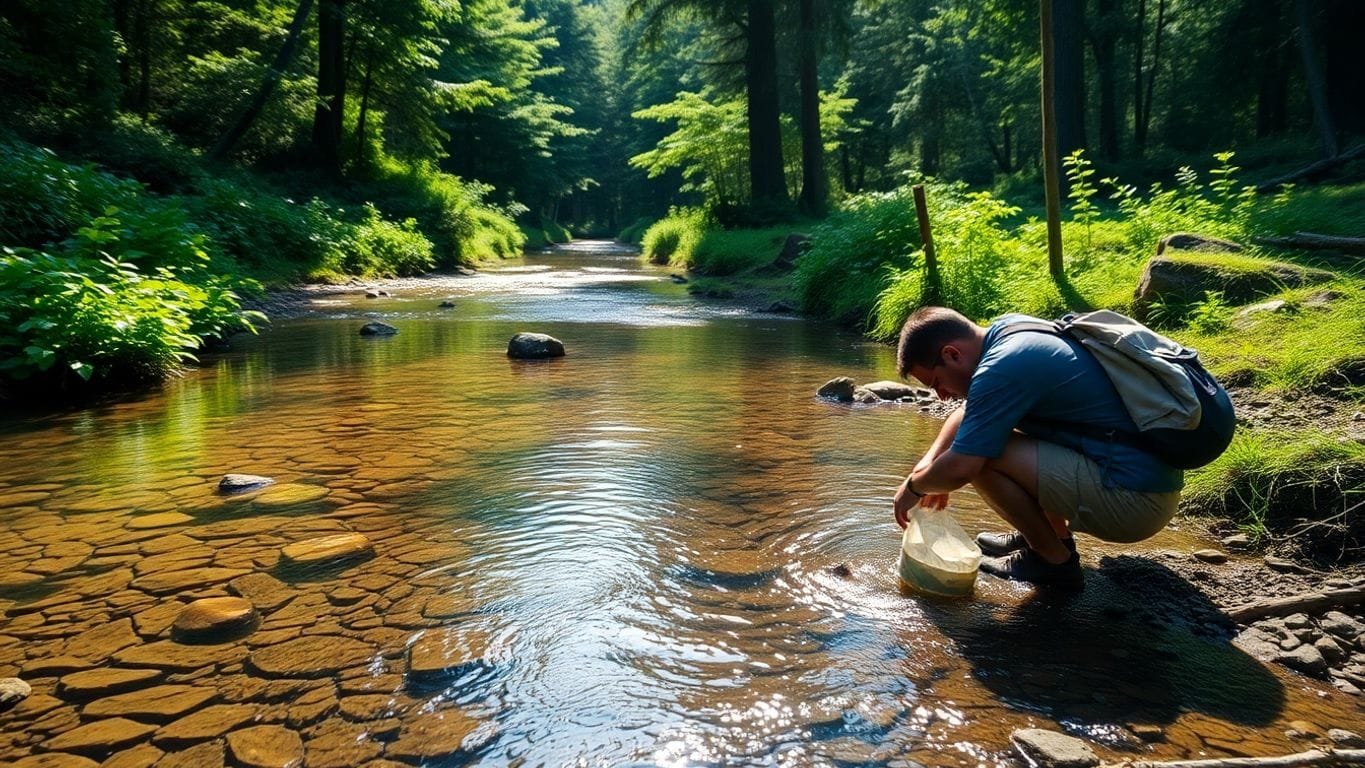 Mastering Wilderness Water Sourcing: Essential Techniques for Survival in the Great Outdoors 5 Person collecting water from a clear stream in nature.