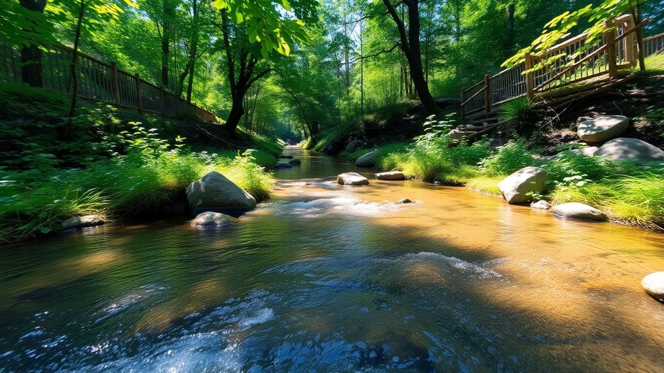 Mastering Wilderness Water Sourcing: Essential Techniques for Survival in the Great Outdoors 2 Clear stream in a lush green wilderness setting.