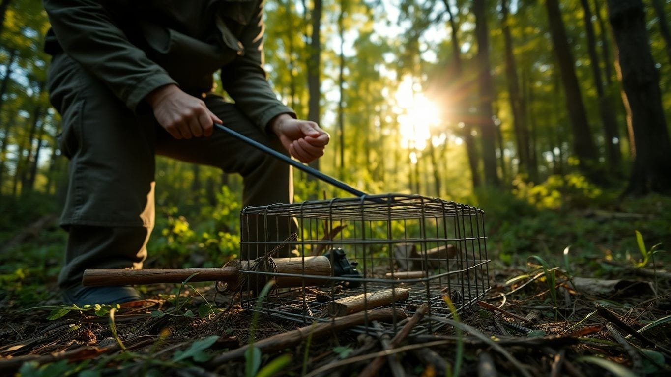 Mastering Animal Trapping Techniques: Essential Skills for Every Wildlife Enthusiast 5 Wildlife enthusiast setting a trap in a forest.