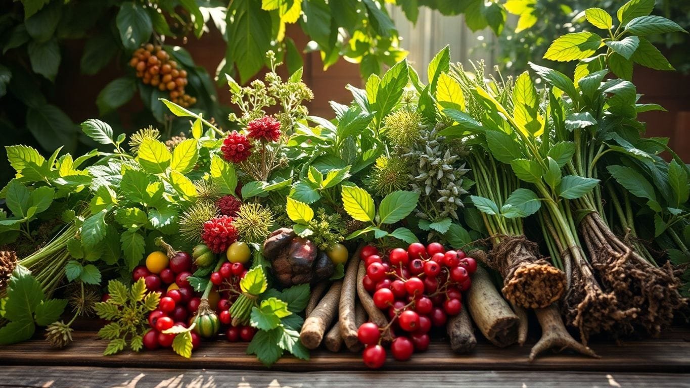 Essential Tips for Identifying Edible Plants in the Wild 4 Assorted edible wild plants on a wooden table.