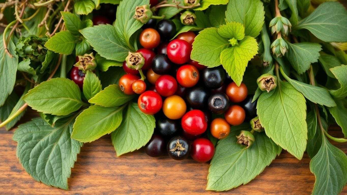 Essential Tips for Identifying Edible Plants in the Wild 5 Close-up of edible wild plants on a wooden surface.