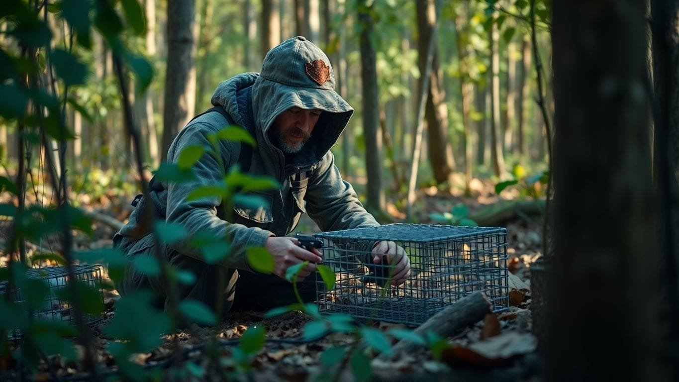 Mastering Animal Trapping Techniques: Essential Skills for Every Wildlife Enthusiast 3 Wildlife enthusiast camouflaged in forest while trapping.