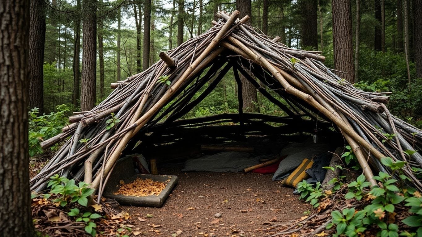 Mastering the Art of Building a Wilderness Shelter 4 Wilderness shelter built with branches in a forest.