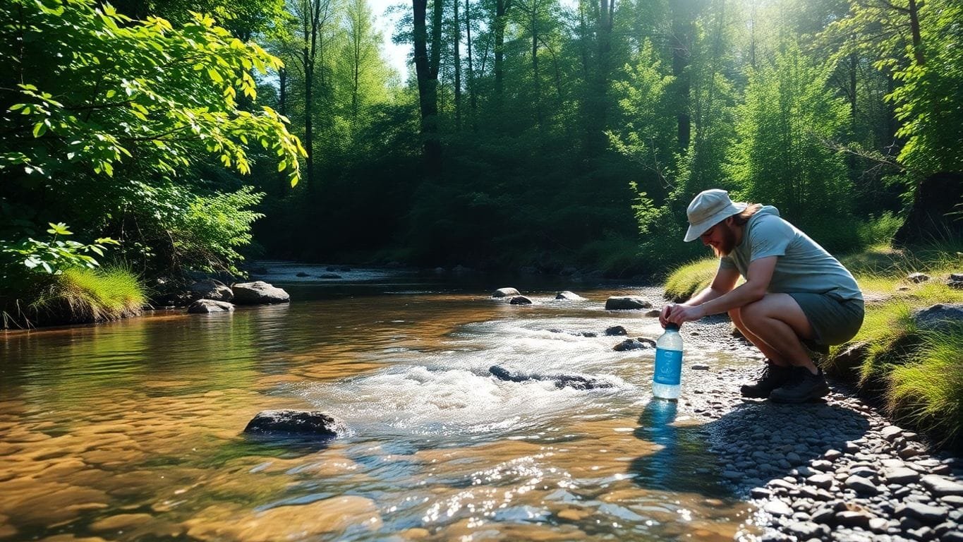 Mastering Wilderness Water Sourcing: Essential Techniques for Survival in the Great Outdoors 4 Hiker filling water bottle from a clear stream.