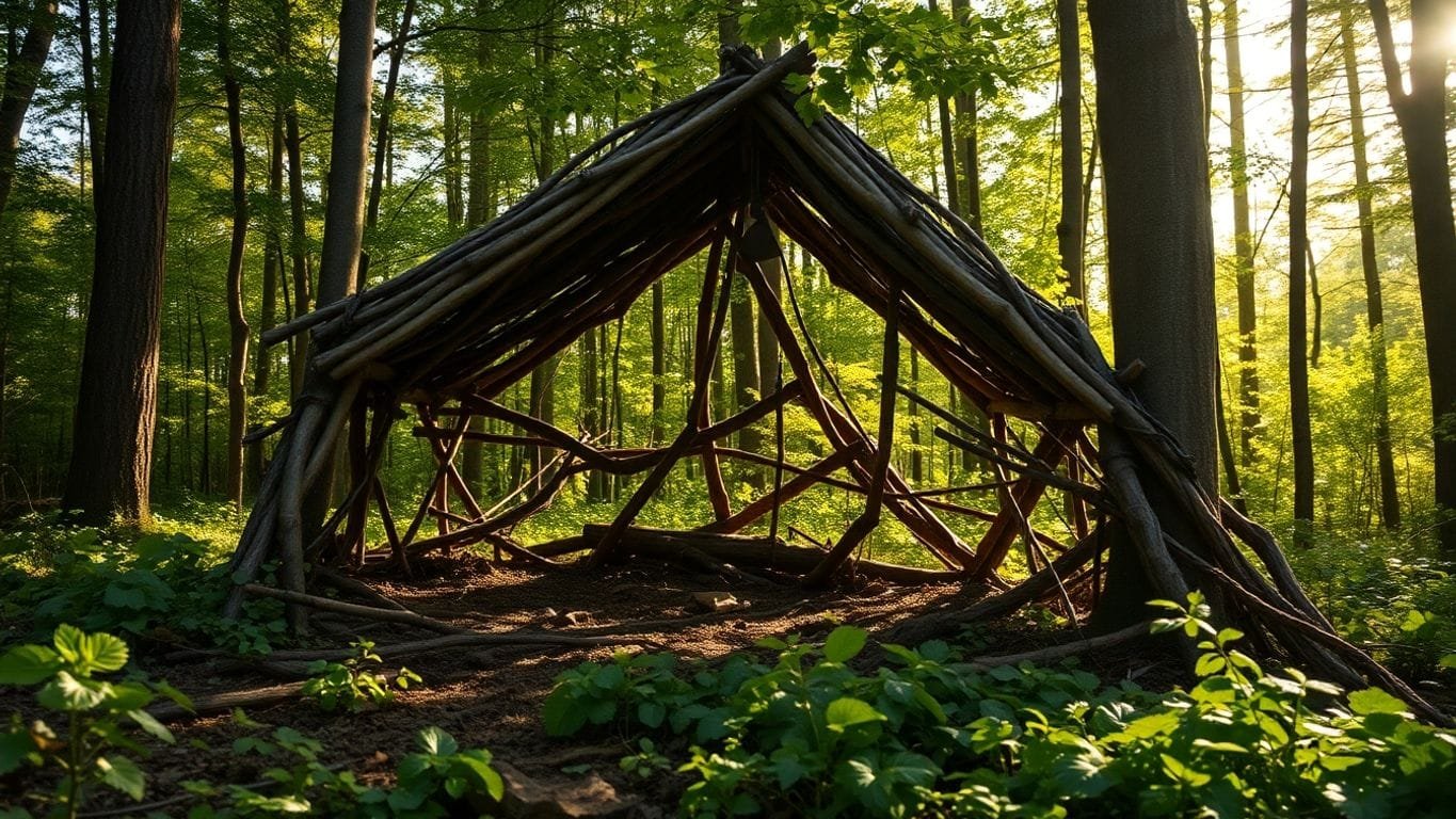 Mastering the Art of Building a Wilderness Shelter 5 Wilderness shelter built with branches in a forest.